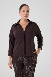 Gömlek Yaka Aksesuarlı Bluz Kahve