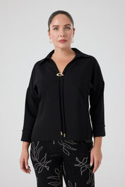 Gömlek Yaka Aksesuarlı Bluz Siyah