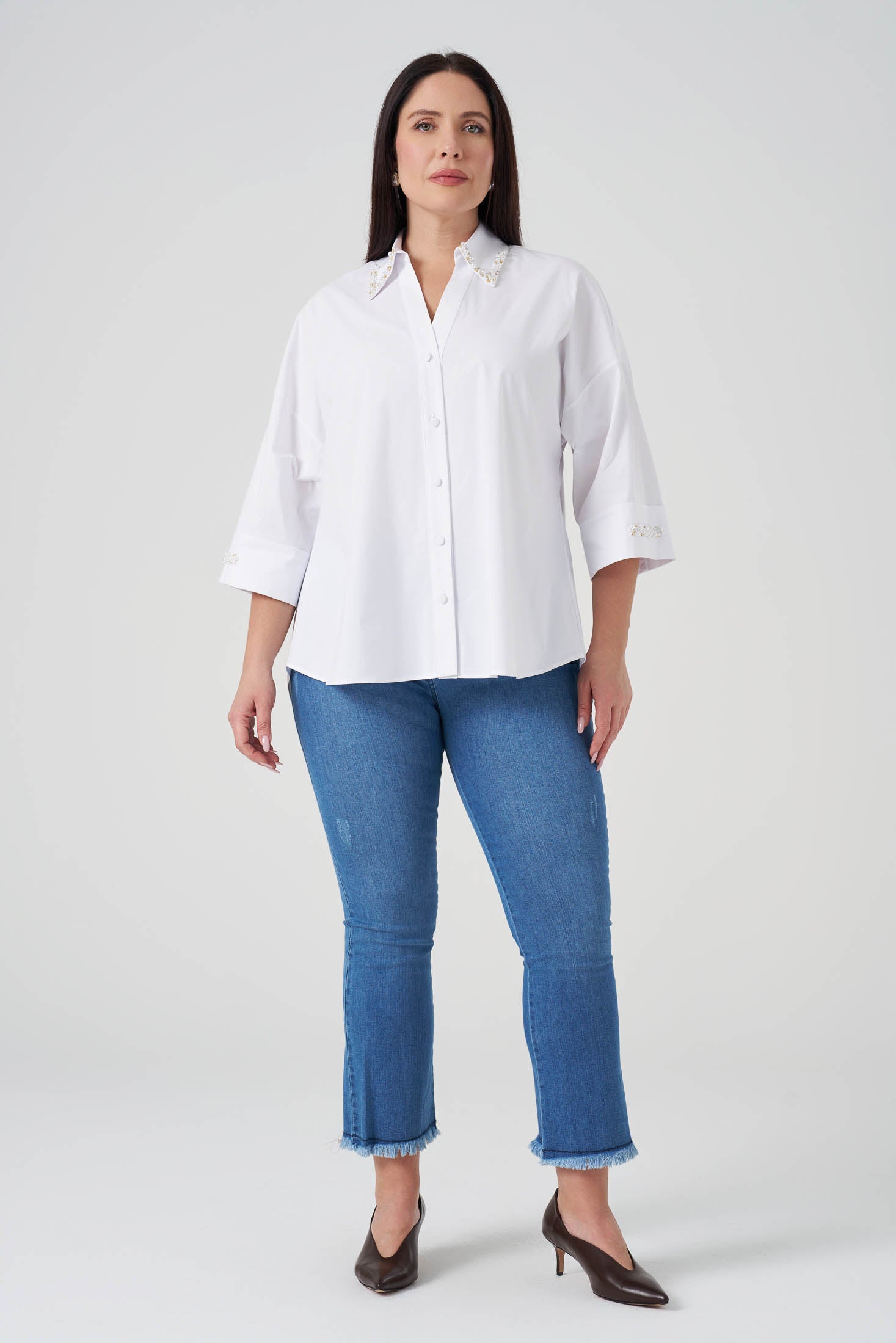 İşlemeli Poplin Gömlek Beyaz