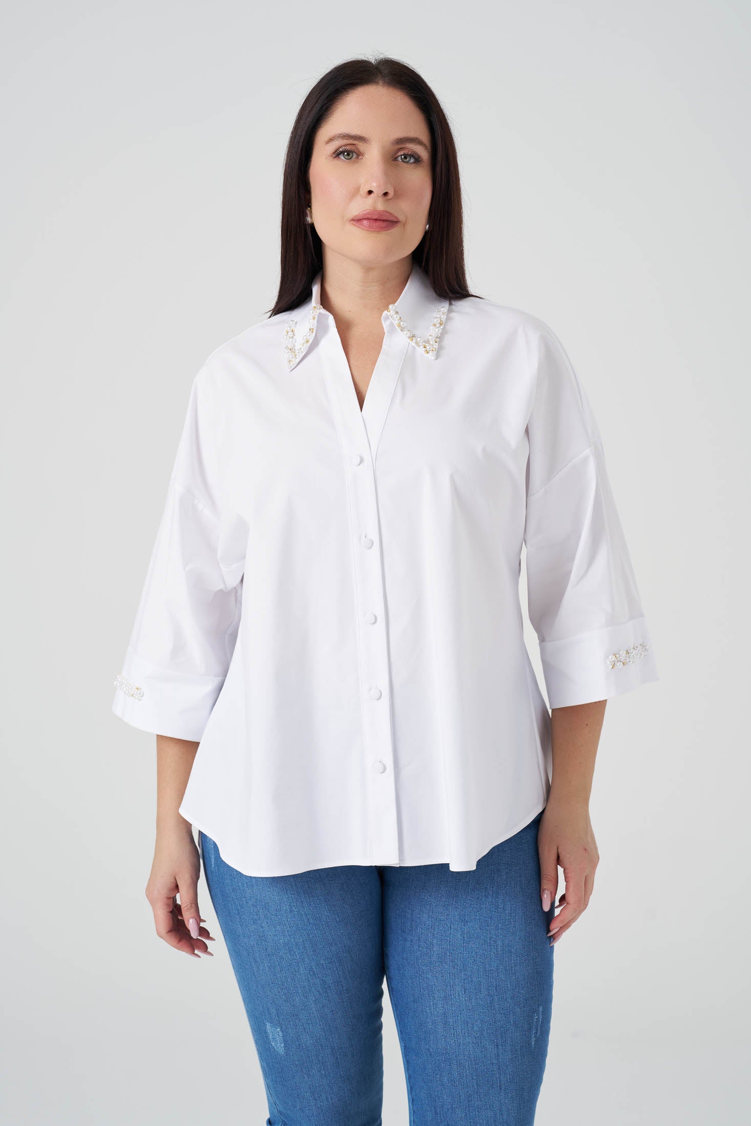 İşlemeli Poplin Gömlek Beyaz