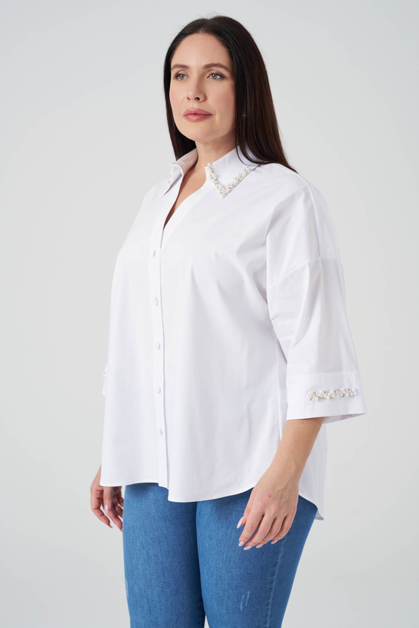 İşlemeli Poplin Gömlek Beyaz