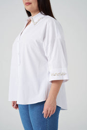 İşlemeli Poplin Gömlek Beyaz