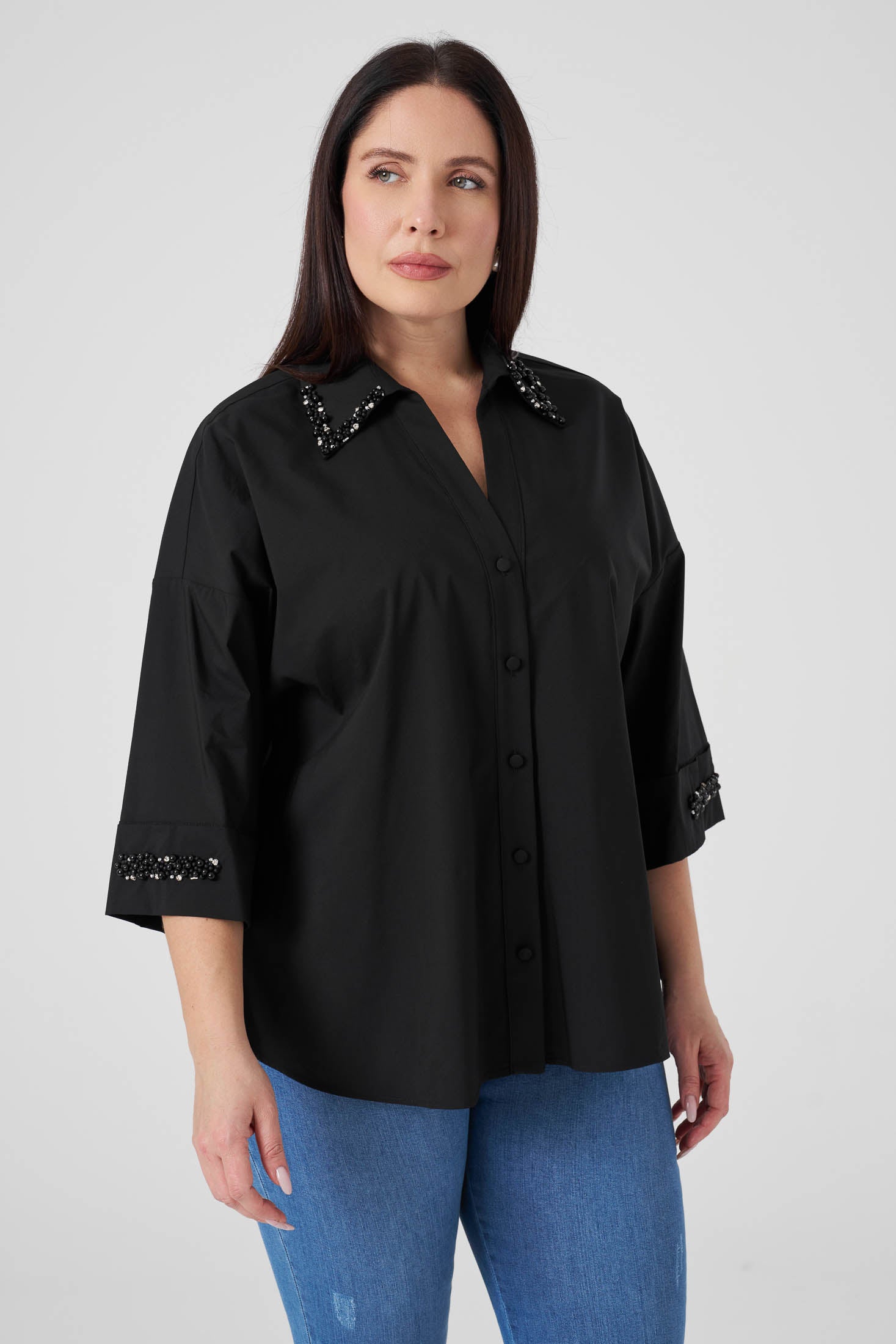 İşlemeli Poplin Gömlek Siyah