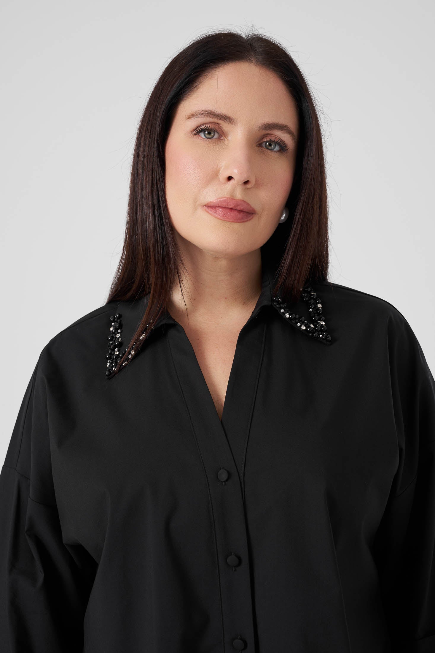 İşlemeli Poplin Gömlek Siyah