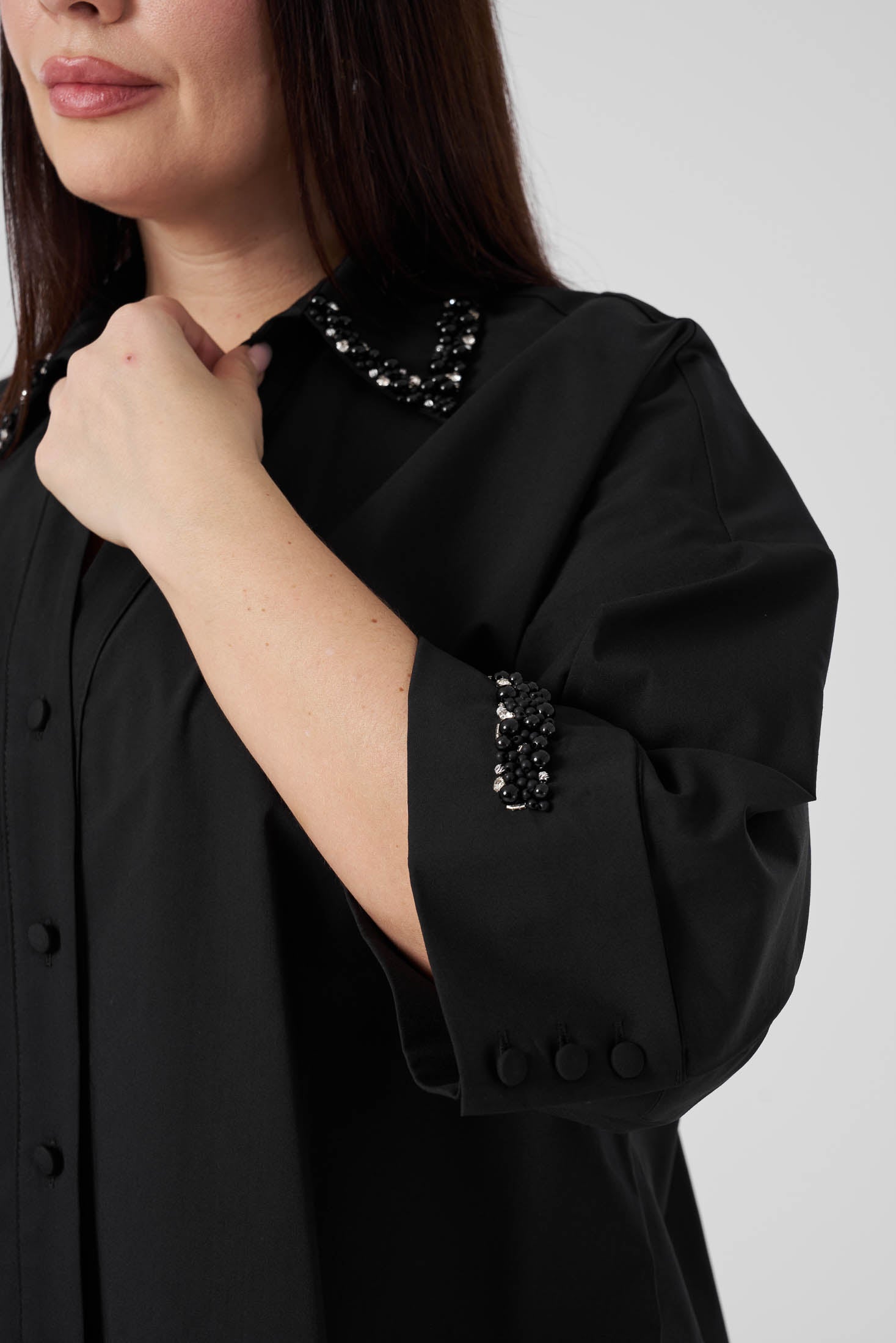 İşlemeli Poplin Gömlek Siyah