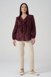 Floklu Fırfırlı  Gömlek Bordo