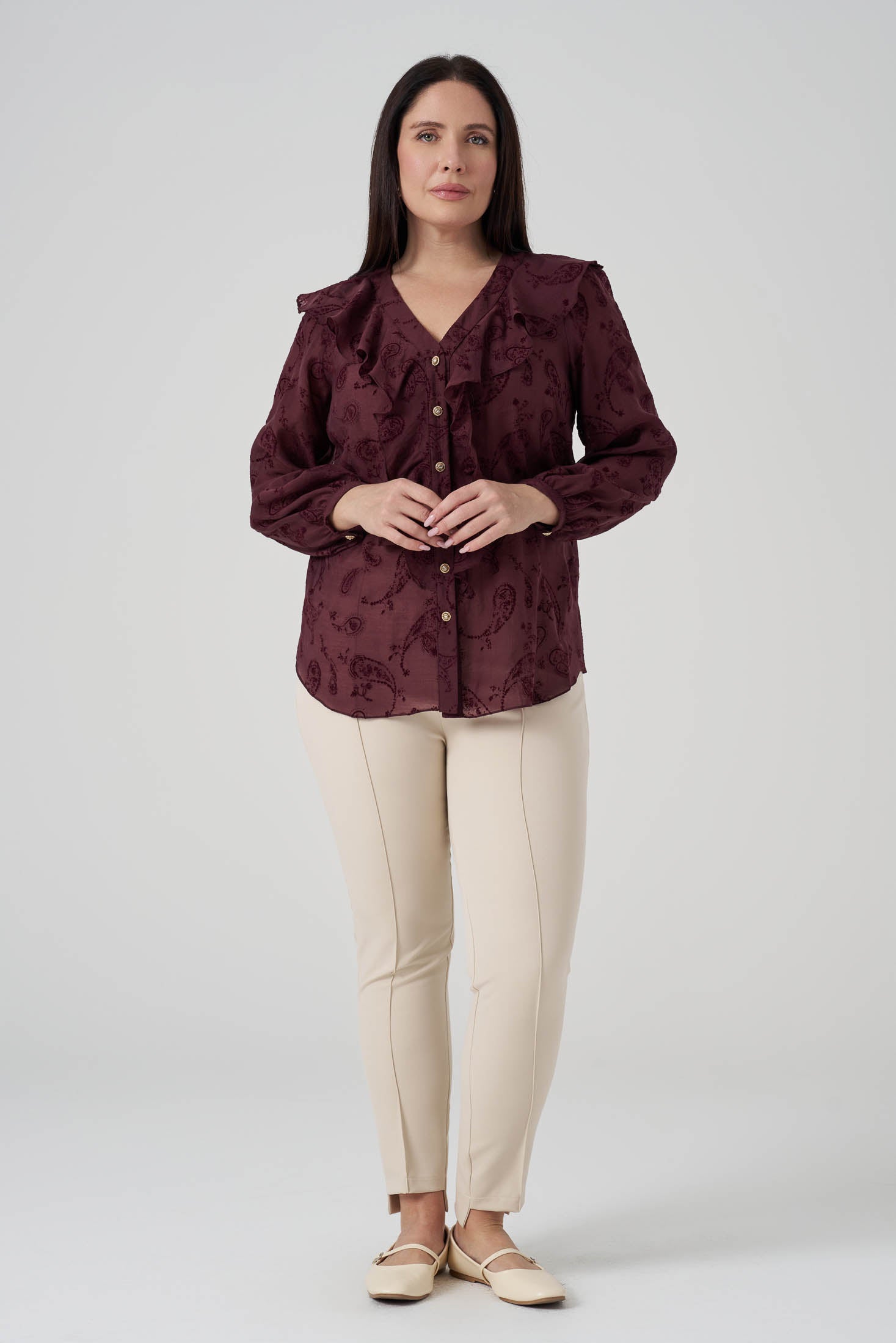 Floklu Fırfırlı  Gömlek Bordo