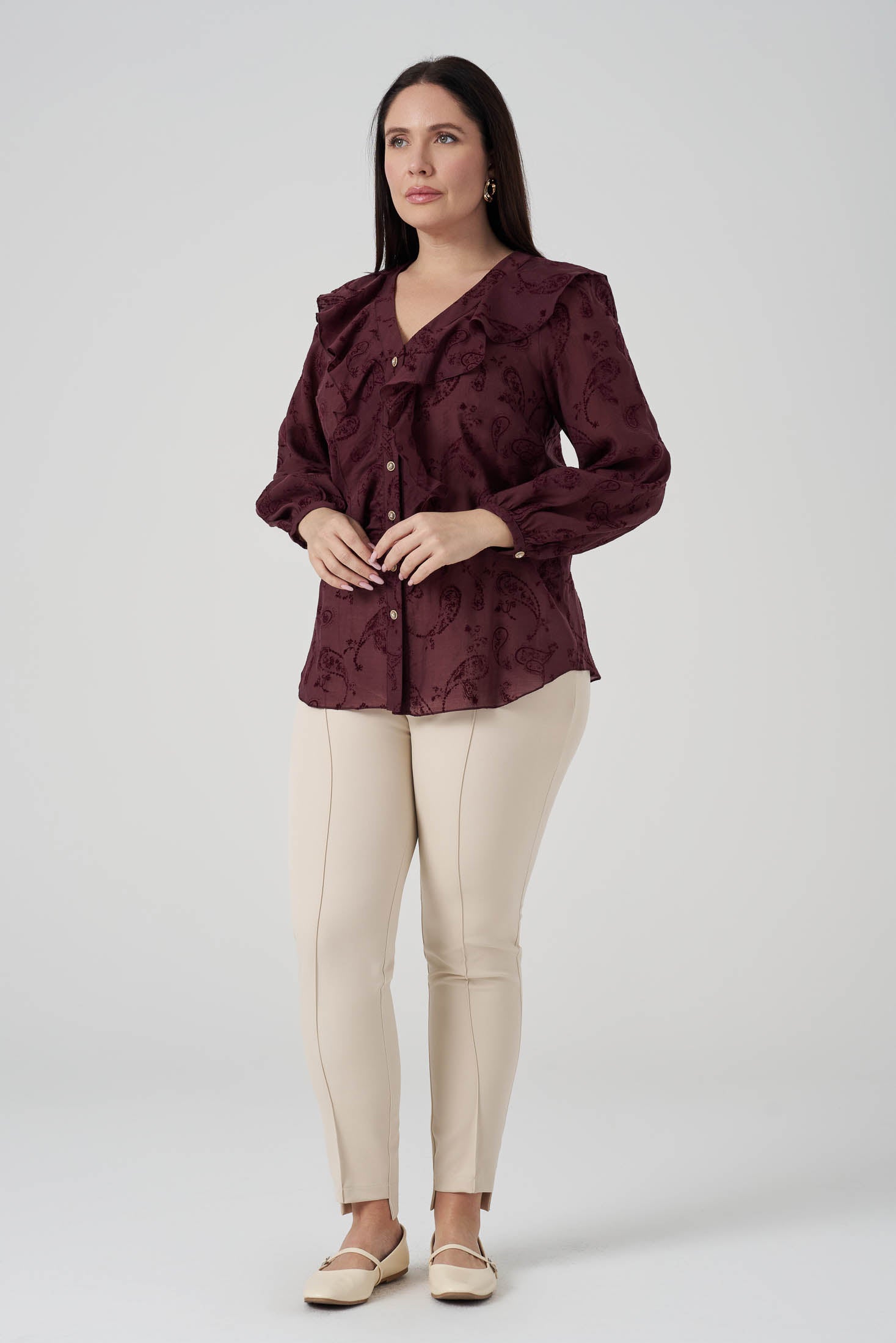 Floklu Fırfırlı  Gömlek Bordo