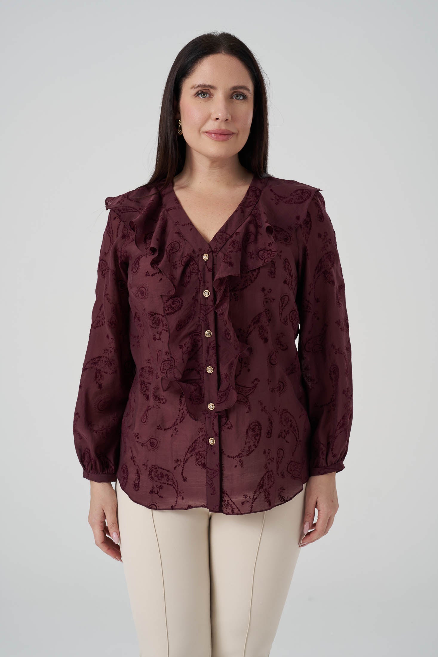 Floklu Fırfırlı  Gömlek Bordo