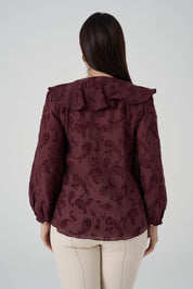 Floklu Fırfırlı  Gömlek Bordo