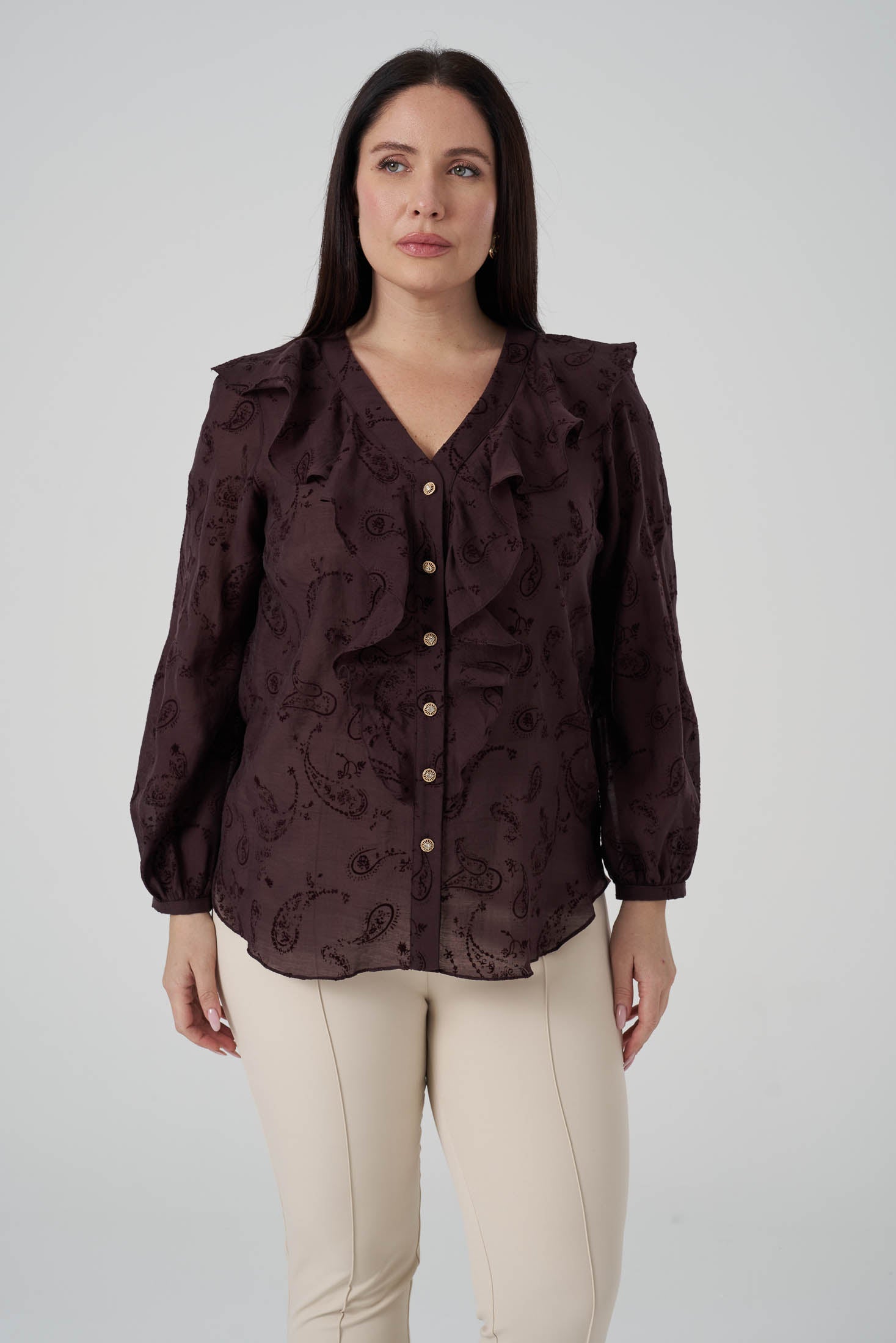 Floklu Fırfırlı  Gömlek Kahve