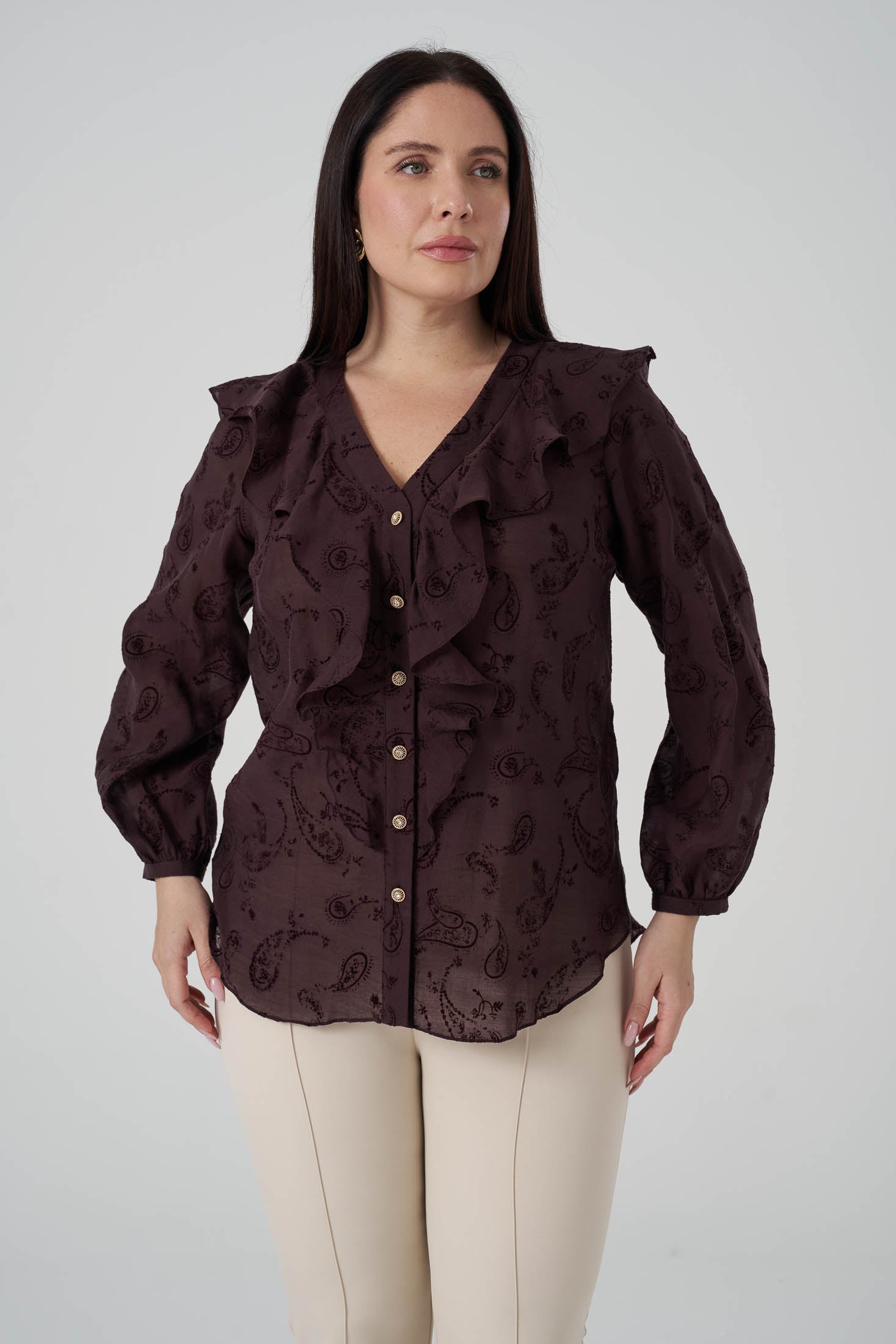 Floklu Fırfırlı  Gömlek Kahve