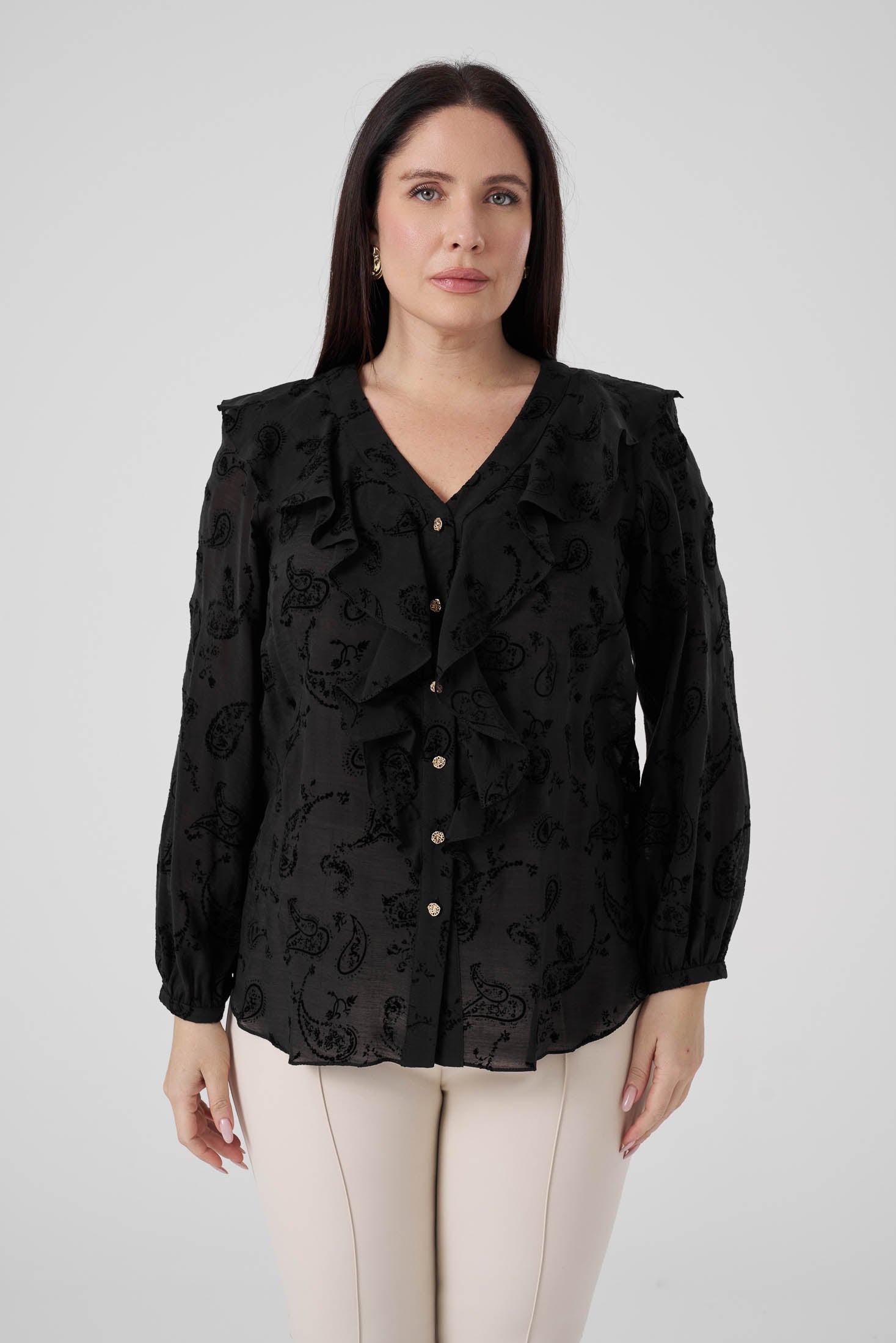 Floklu Fırfırlı  Gömlek Siyah