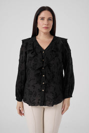 Floklu Fırfırlı  Gömlek Siyah