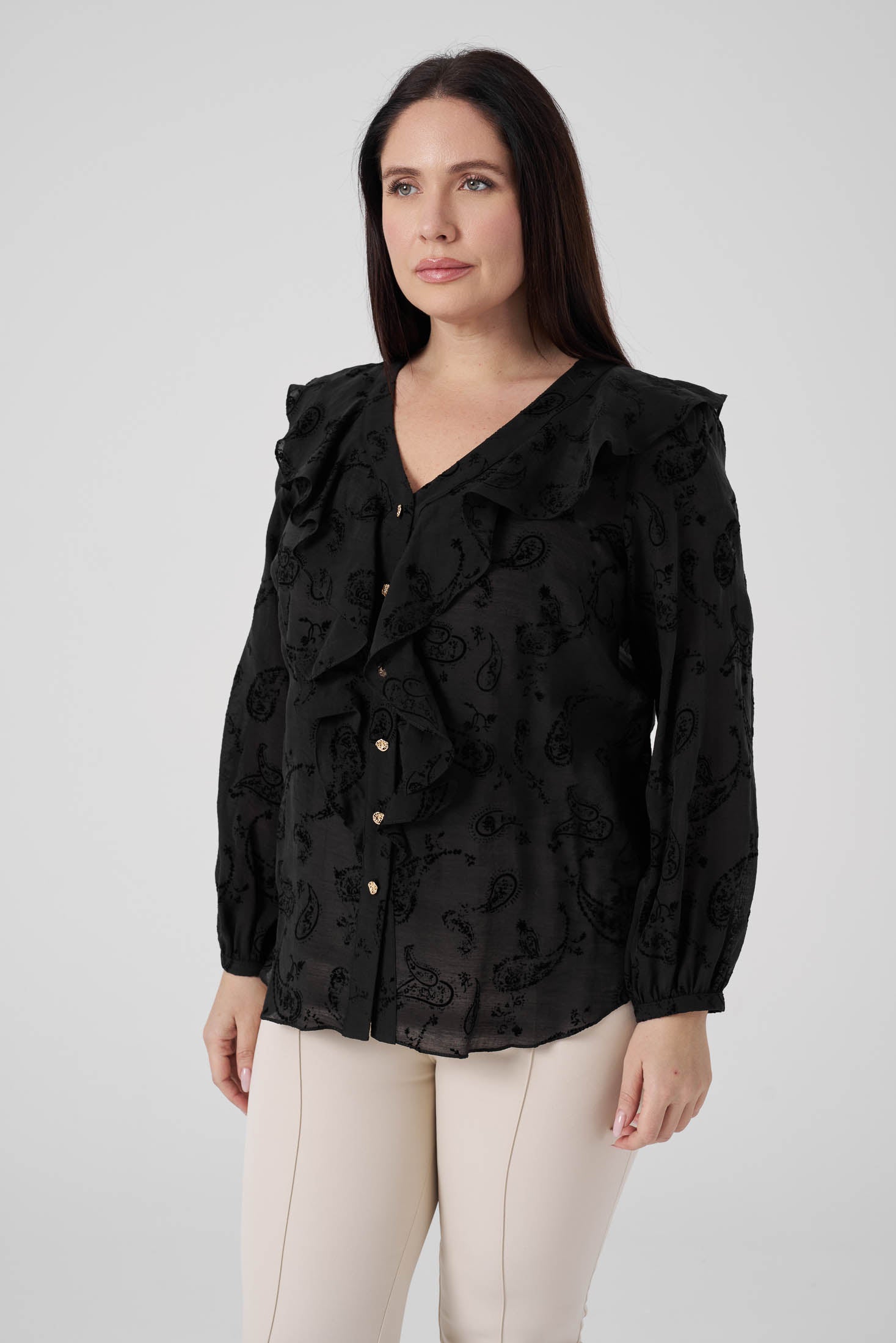Floklu Fırfırlı  Gömlek Siyah