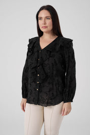 Floklu Fırfırlı  Gömlek Siyah