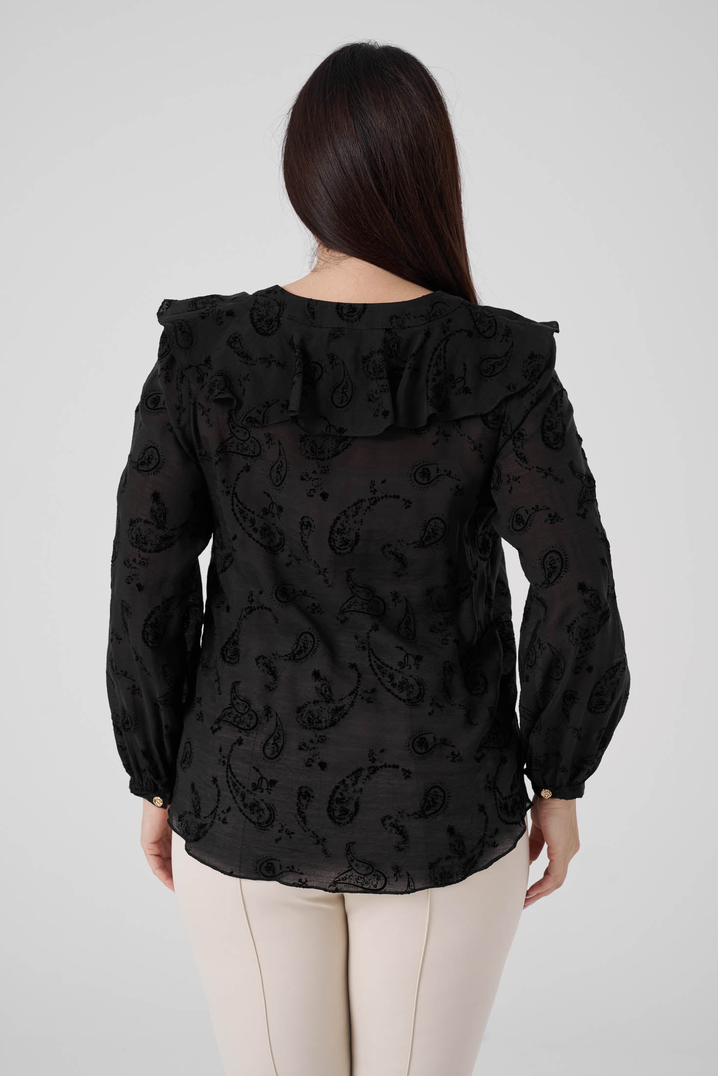 Floklu Fırfırlı  Gömlek Siyah