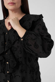 Floklu Fırfırlı  Gömlek Siyah
