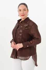 Nakışlı İnce Tensel Gömlek Kahverengi