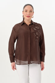 Nakışlı İnce Tensel Gömlek Kahverengi