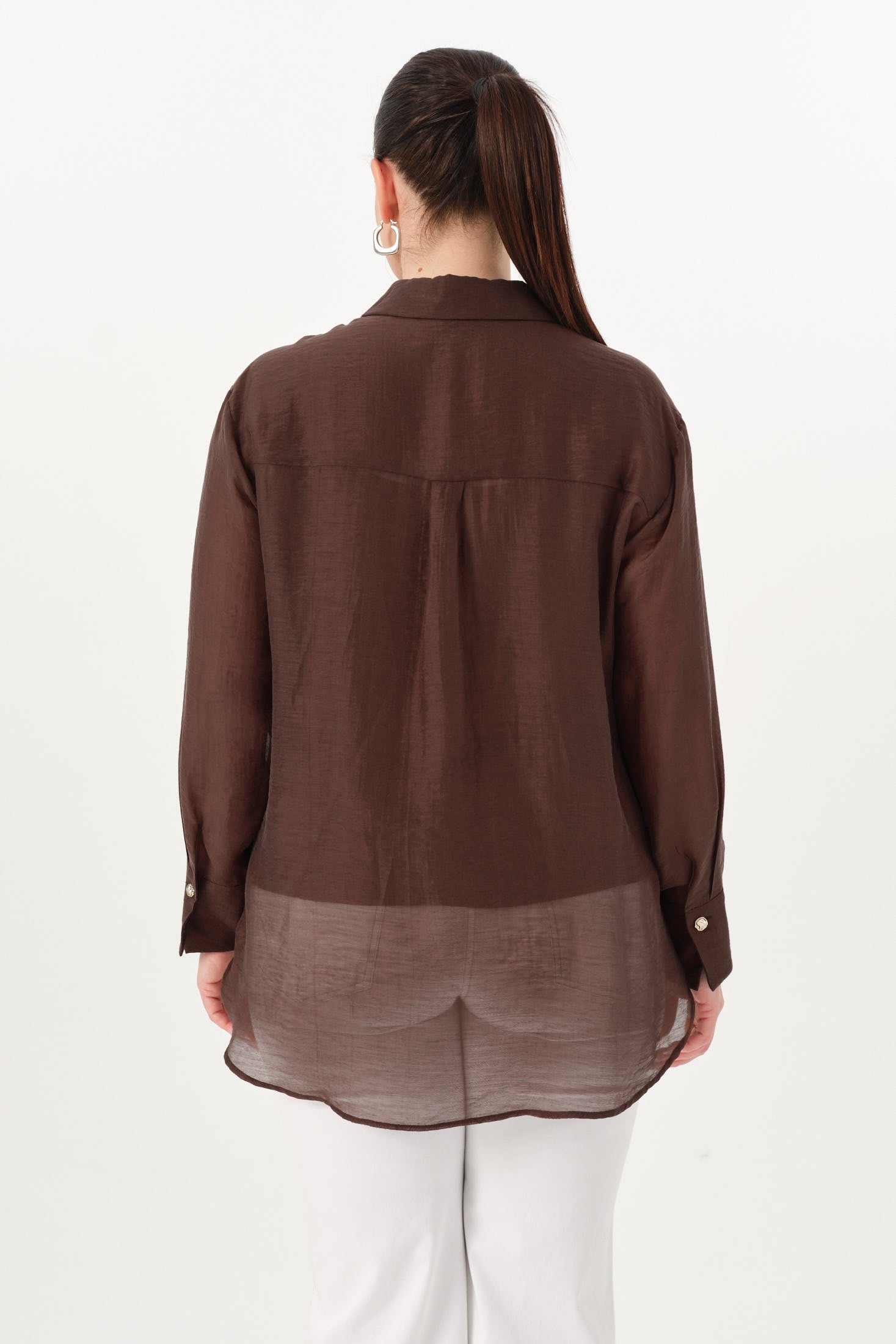 Nakışlı İnce Tensel Gömlek Kahverengi