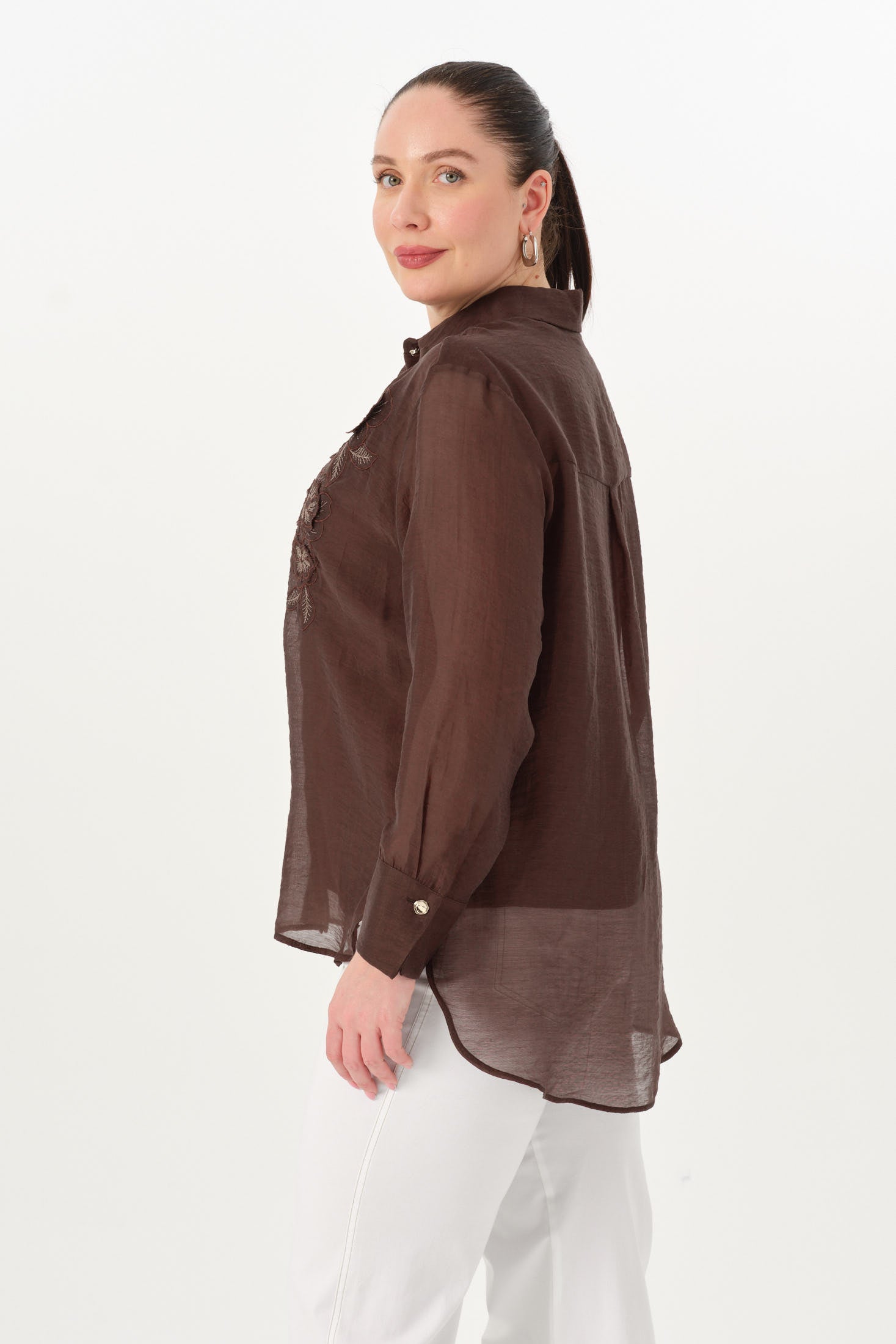 Nakışlı İnce Tensel Gömlek Kahverengi