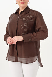 Nakışlı İnce Tensel Gömlek Kahverengi