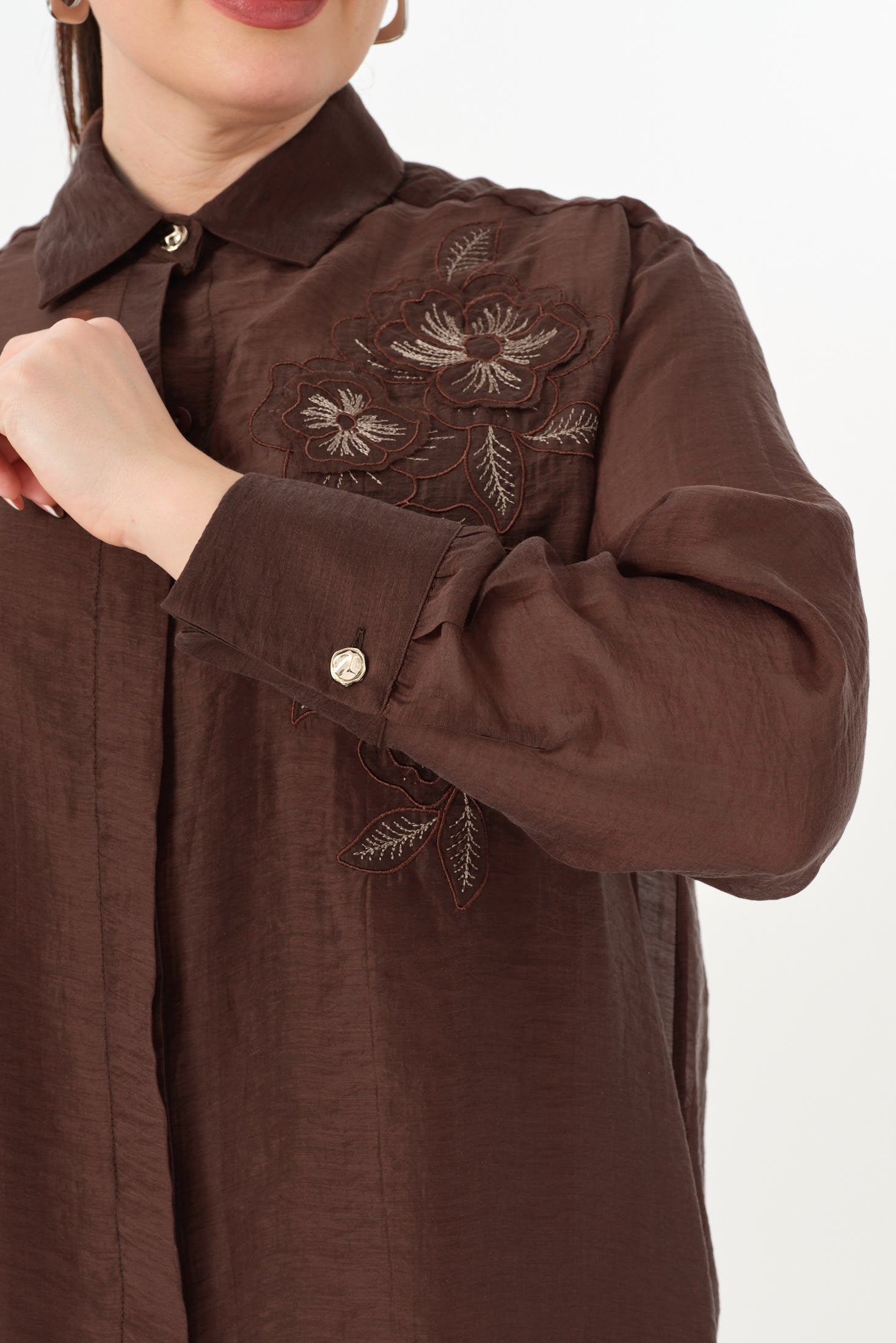 Nakışlı İnce Tensel Gömlek Kahverengi