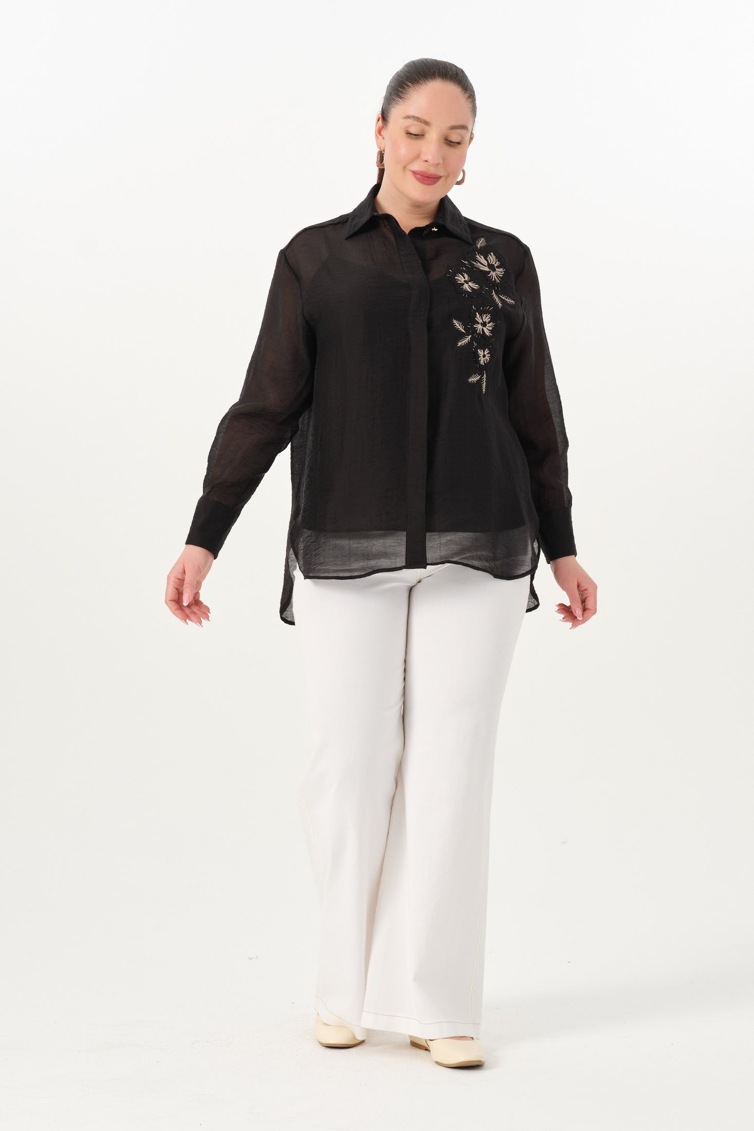 Nakışlı İnce Tensel Gömlek Siyah