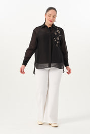 Nakışlı İnce Tensel Gömlek Siyah