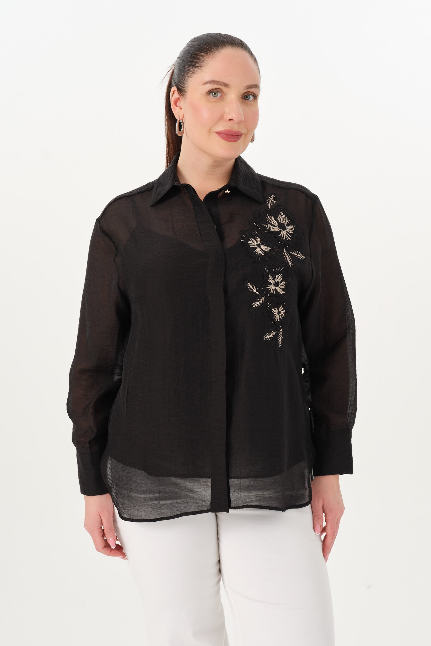 Nakışlı İnce Tensel Gömlek Siyah