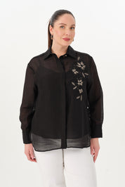 Nakışlı İnce Tensel Gömlek Siyah