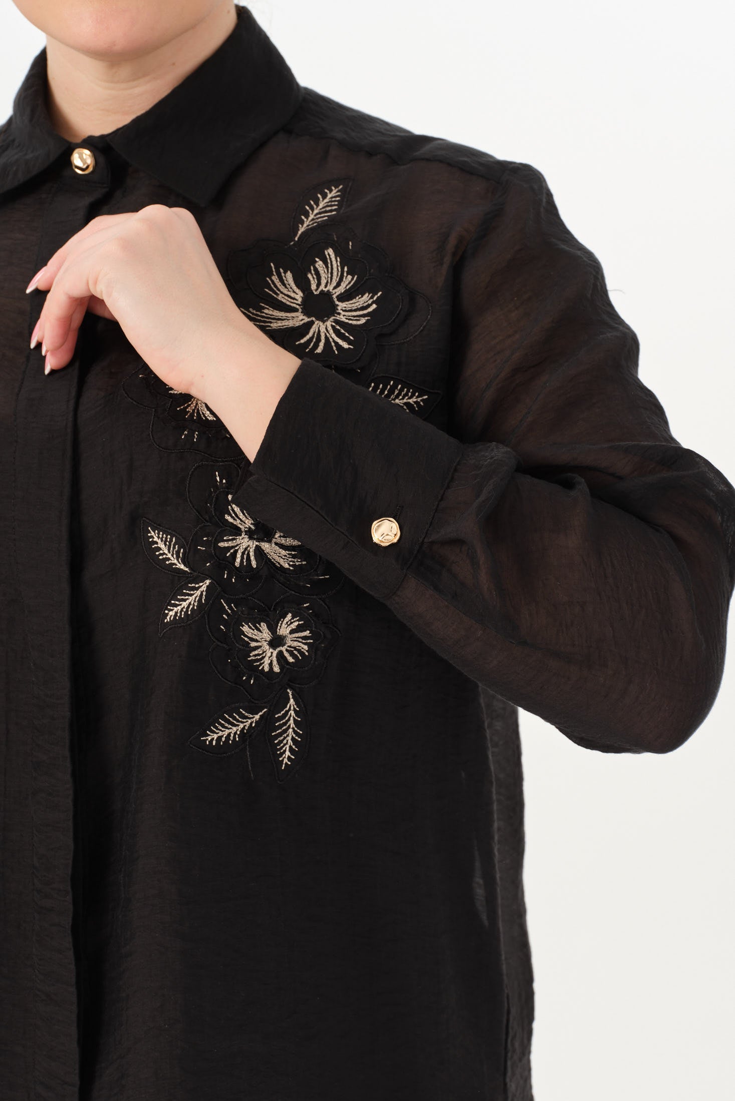 Nakışlı İnce Tensel Gömlek Siyah
