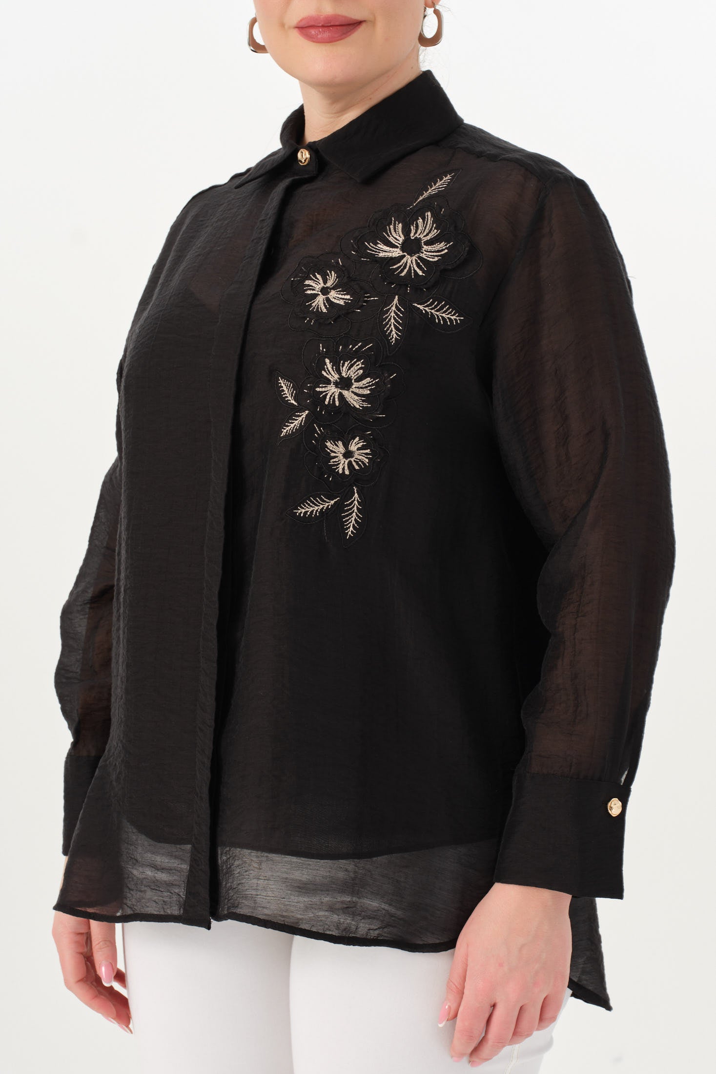 Nakışlı İnce Tensel Gömlek Siyah