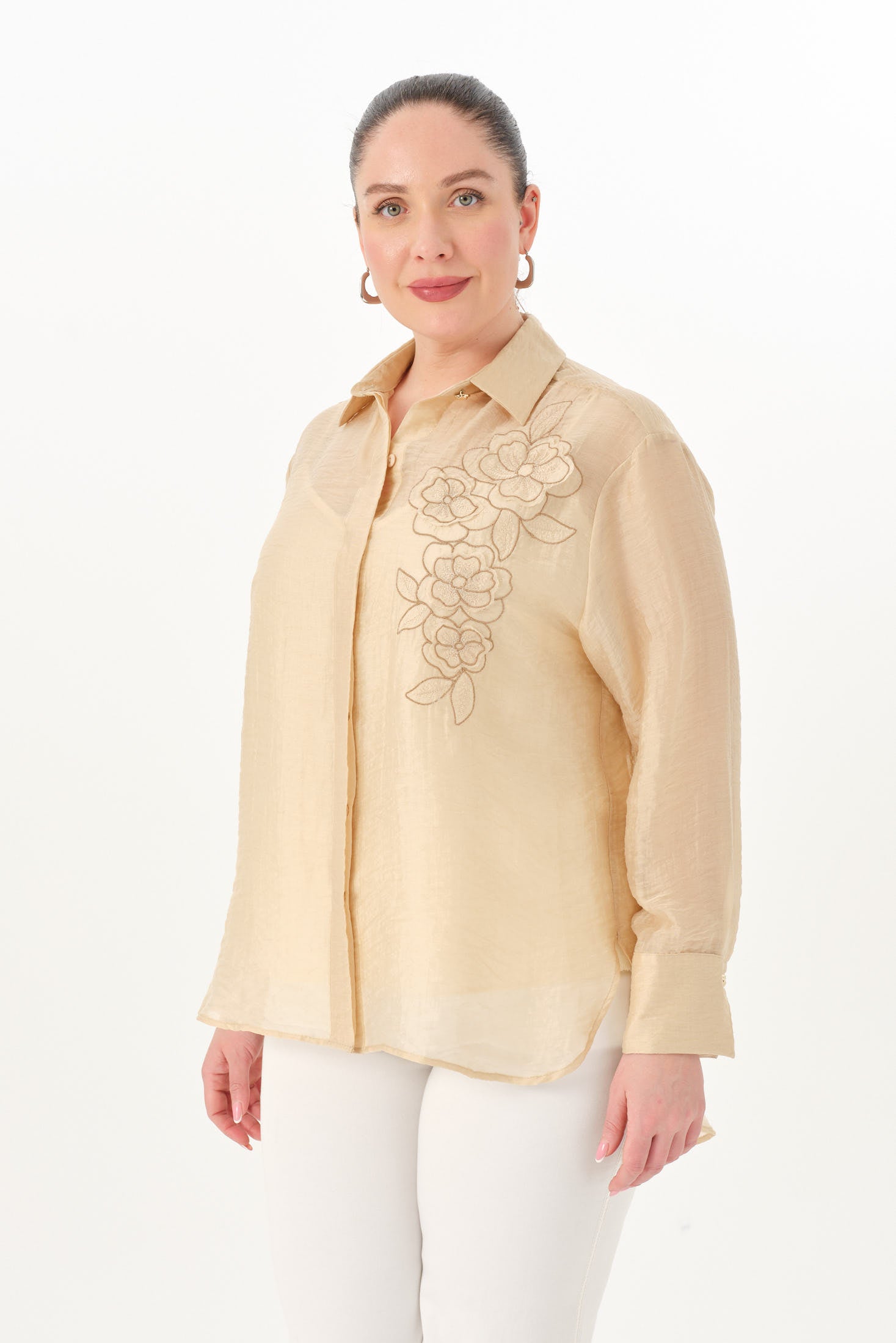 Nakışlı İnce Tensel Gömlek Tereyağ