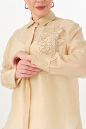 Nakışlı İnce Tensel Gömlek Tereyağ