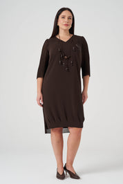 Arkası Şifon Piliseli Krep Elbise - Kahve