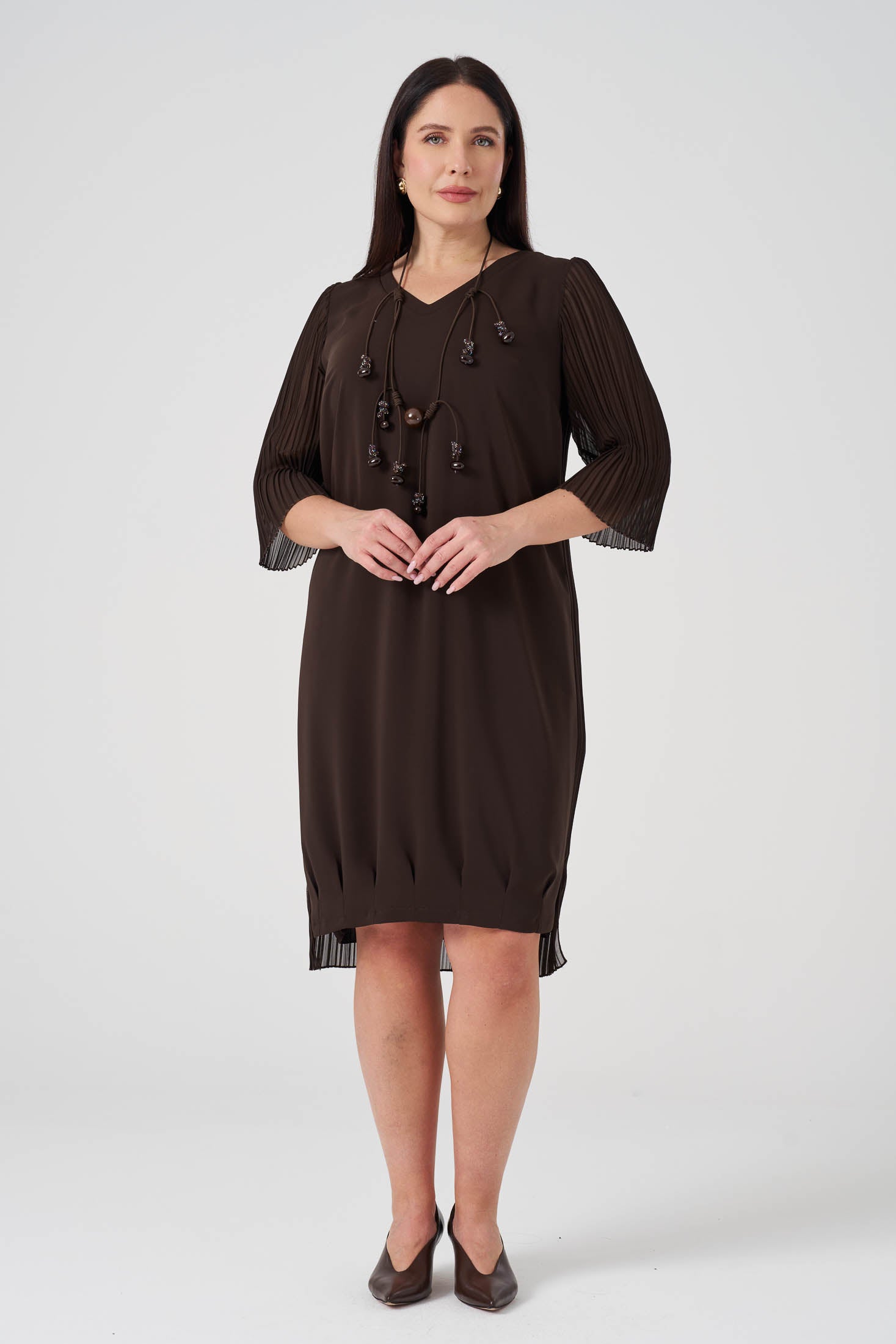 Arkası Şifon Piliseli Krep Elbise - Kahve