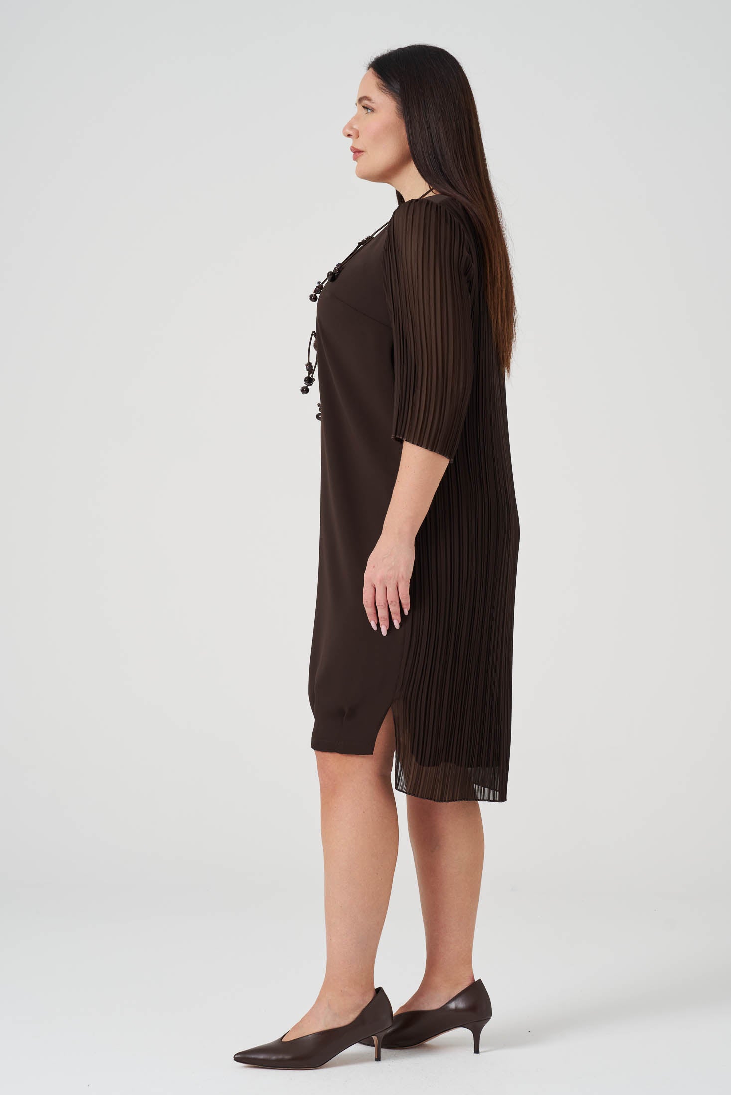 Arkası Şifon Piliseli Krep Elbise - Kahve