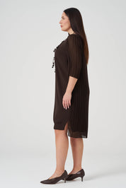 Arkası Şifon Piliseli Krep Elbise - Kahve