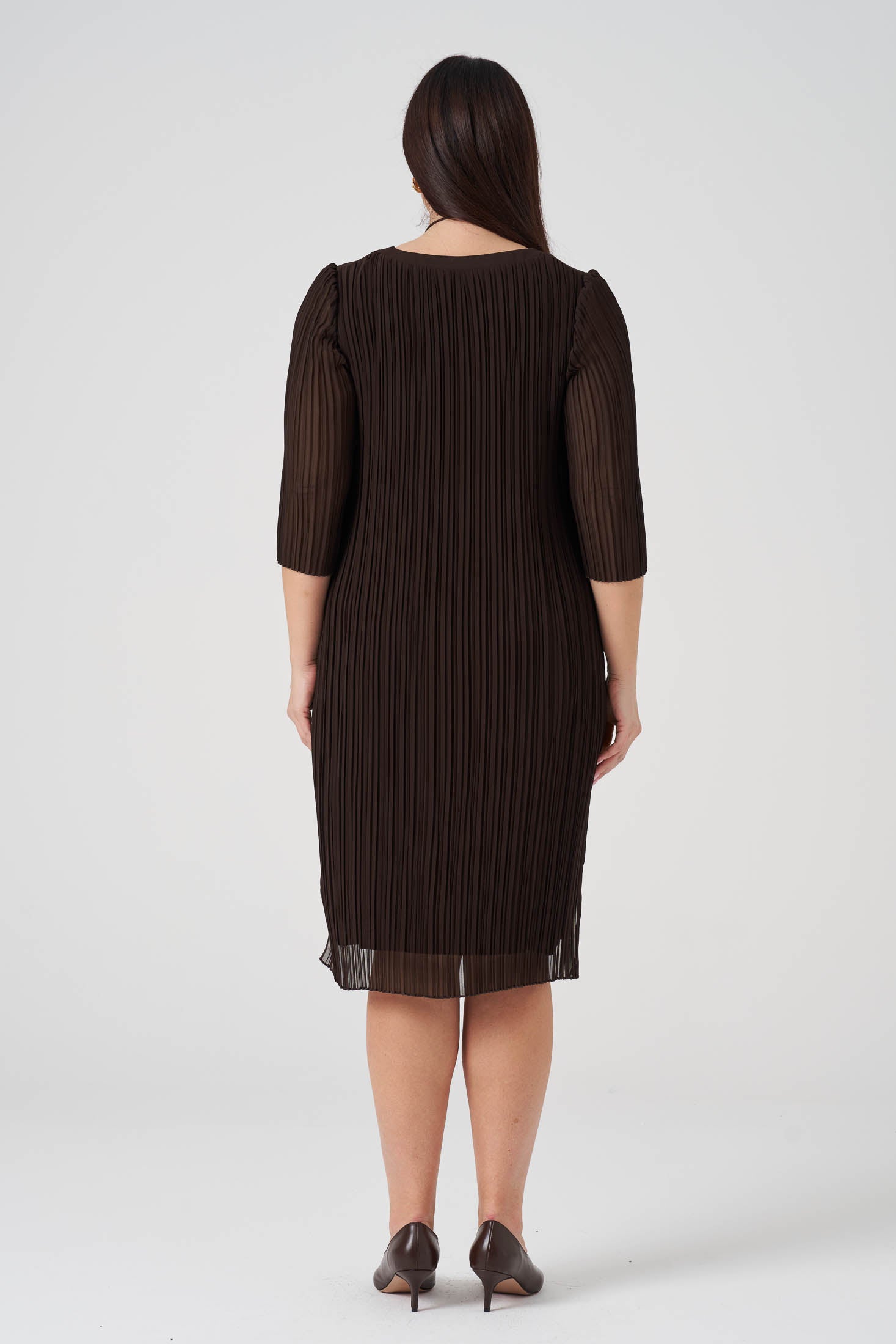 Arkası Şifon Piliseli Krep Elbise - Kahve