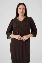 Arkası Şifon Piliseli Krep Elbise - Kahve