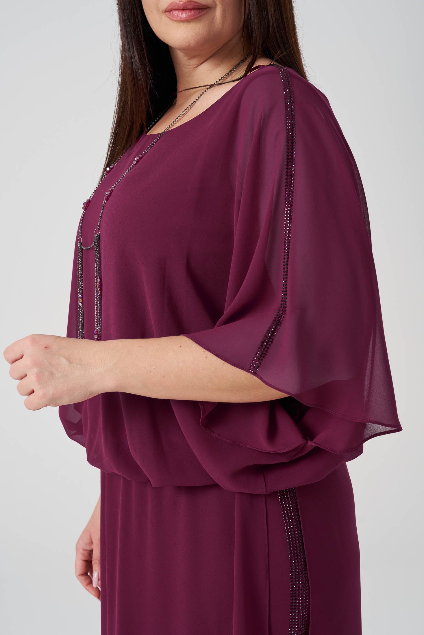 Şifon Derin Yırtmaçlı Tunik Pantolon Takım Vişne