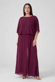 Şifon Derin Yırtmaçlı Tunik Pantolon Takım Vişne