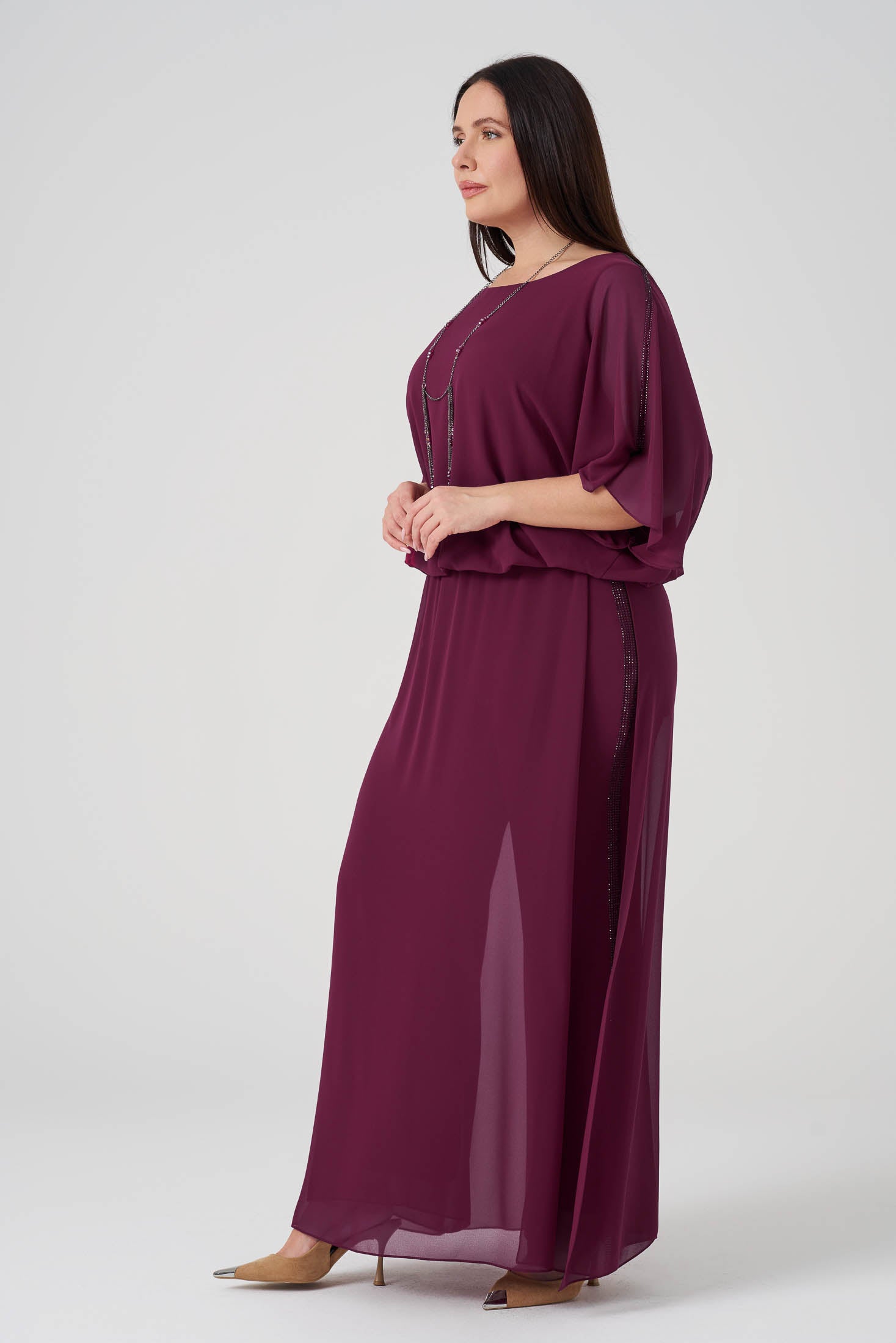 Şifon Derin Yırtmaçlı Tunik Pantolon Takım Vişne