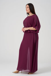 Şifon Derin Yırtmaçlı Tunik Pantolon Takım Vişne