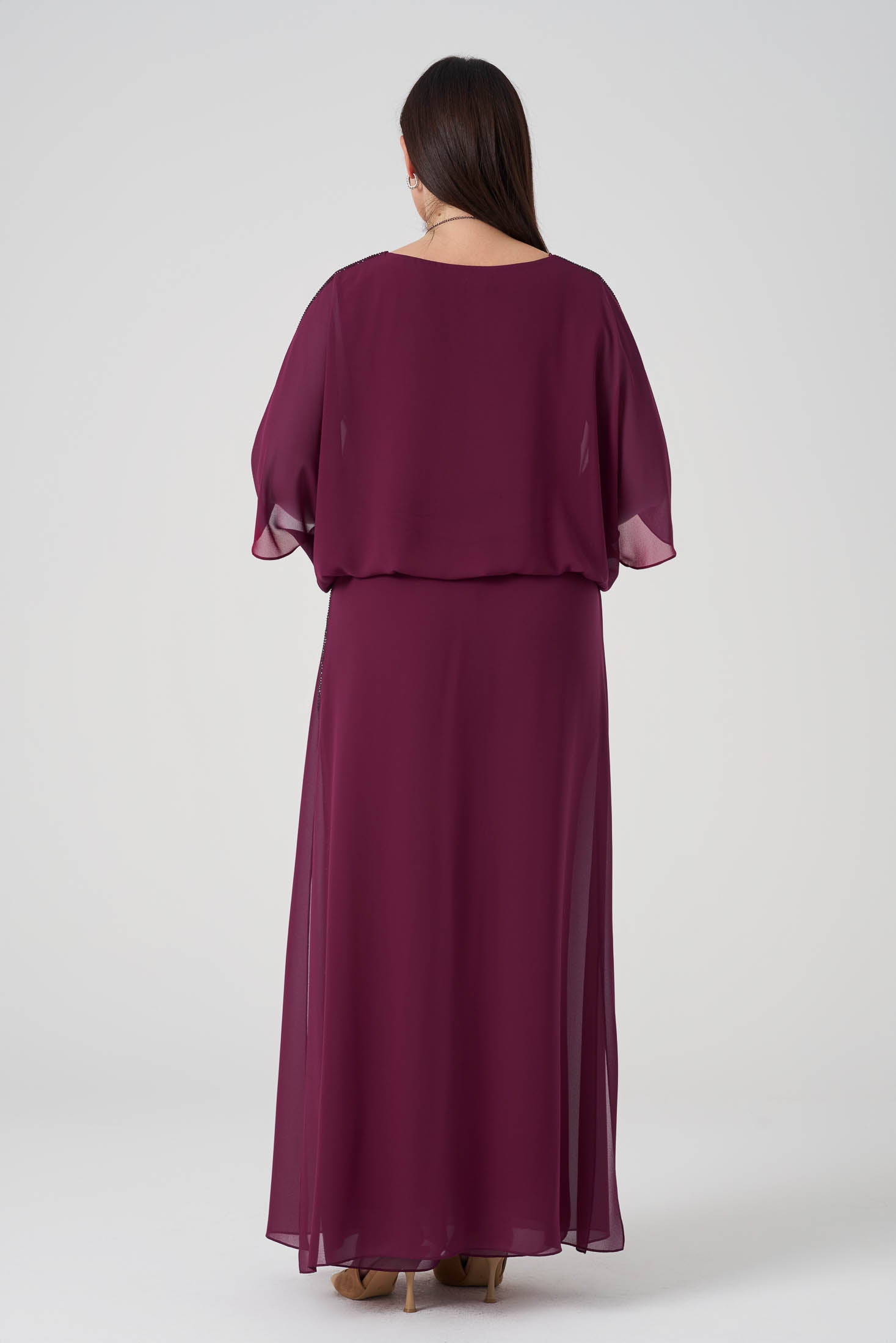 Şifon Derin Yırtmaçlı Tunik Pantolon Takım Vişne