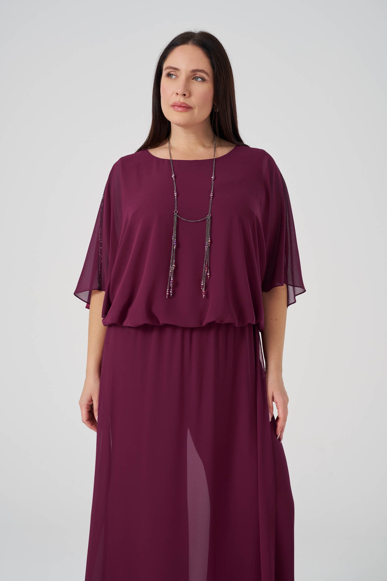 Şifon Derin Yırtmaçlı Tunik Pantolon Takım Vişne