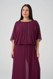 Şifon Derin Yırtmaçlı Tunik Pantolon Takım Vişne