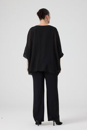 Büyük Çiçek Aplikeli Yarasa Kollu Takım Siyah